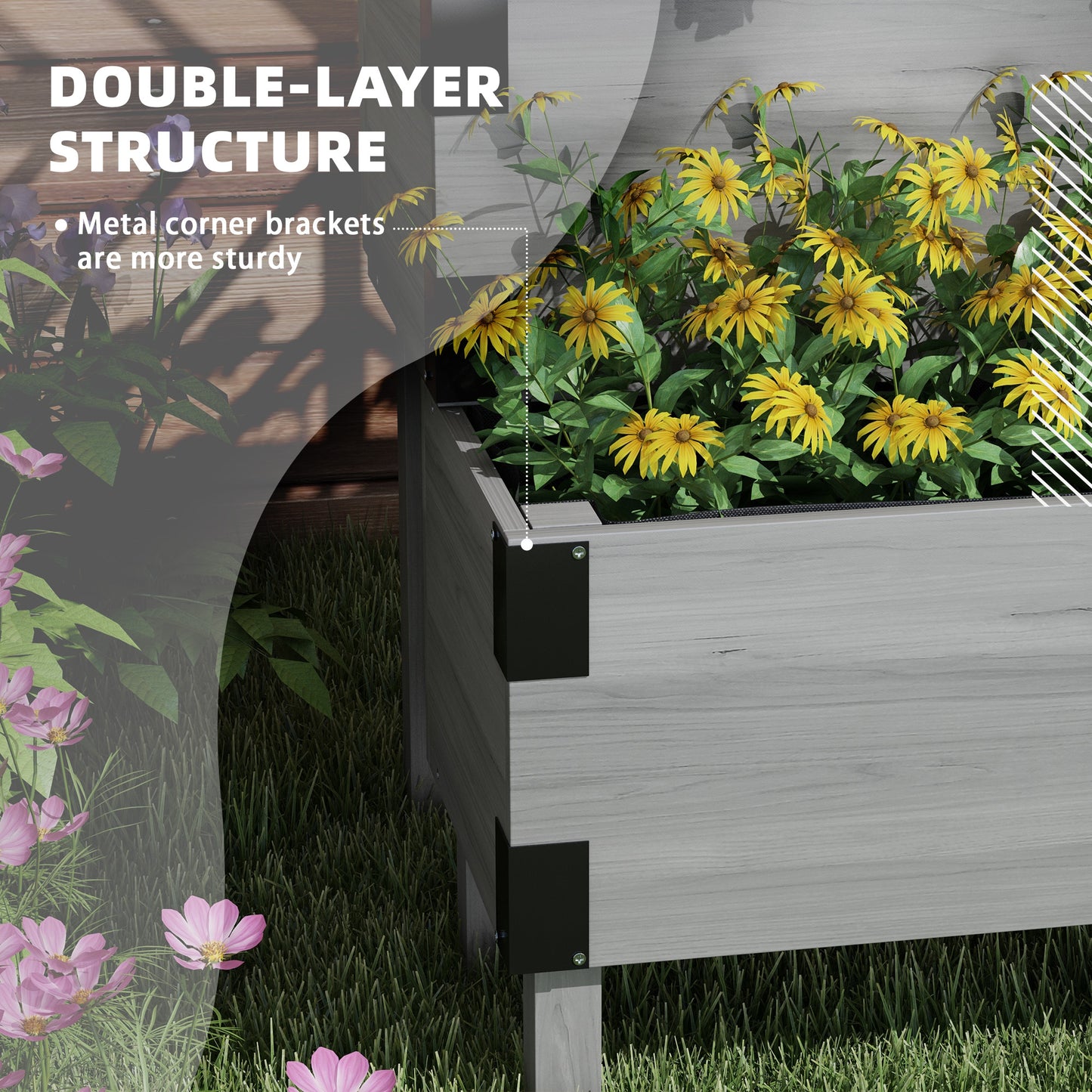 2 Tier Trellis Planter, Wooden Raised Garden Bed, Gray