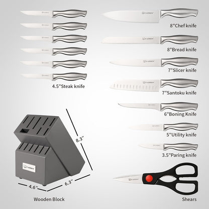 Kitchen Knife Set, 15 Pieces Knife Set With Block, Knives Set For Kitchen, Silver Hollow Ergonomic Handle For Chef Knife Set, Kitchen Shears,Black Knife Block Set