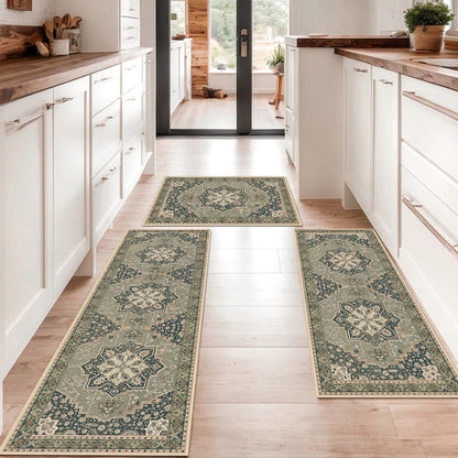 Boho Kitchen Rug Mat Sets 3 Piece, Farmhouse Non Slip Kitchen Rug Runner, Washable Non Skid Kitchen Rugs, Bohemian Kitchen Floor Mat For Entryway Laundry Room