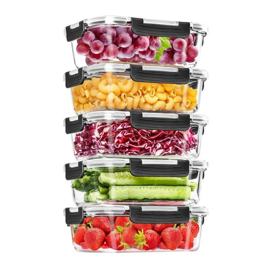 5-Pack Glass Meal Prep Containers with Airtight Snap-Lock Lids