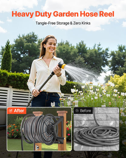 Wall Mounted Garden Hose Reel — 200ft Capacity with Brass Fittings