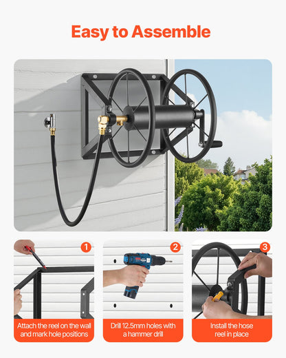 Wall Mounted Garden Hose Reel — 200ft Capacity with Brass Fittings