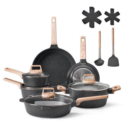 17 Piece Pots And Pans Set Granite Nonstick Kitchen Cookware Induction Black