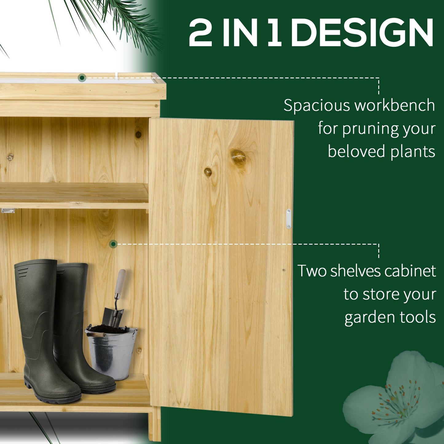 Outdoor Garden Storage Cabinet — Solid Wood Tool Shed with Galvanized Steel Top