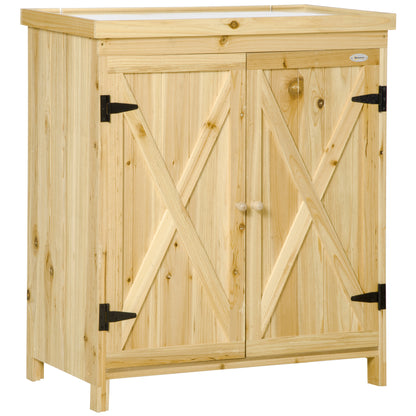 Outdoor Garden Storage Cabinet — Solid Wood Tool Shed with Galvanized Steel Top