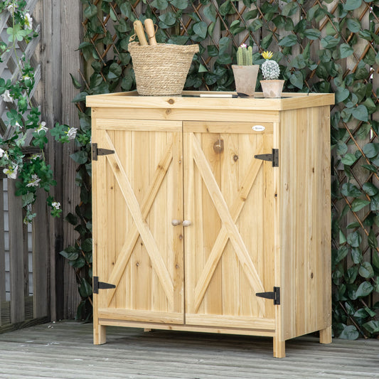 Outdoor Garden Storage Cabinet — Solid Wood Tool Shed with Galvanized Steel Top