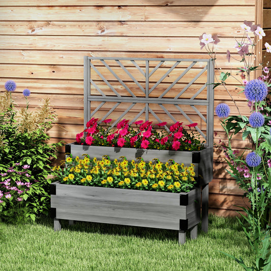 2 Tier Trellis Planter, Wooden Raised Garden Bed, Gray