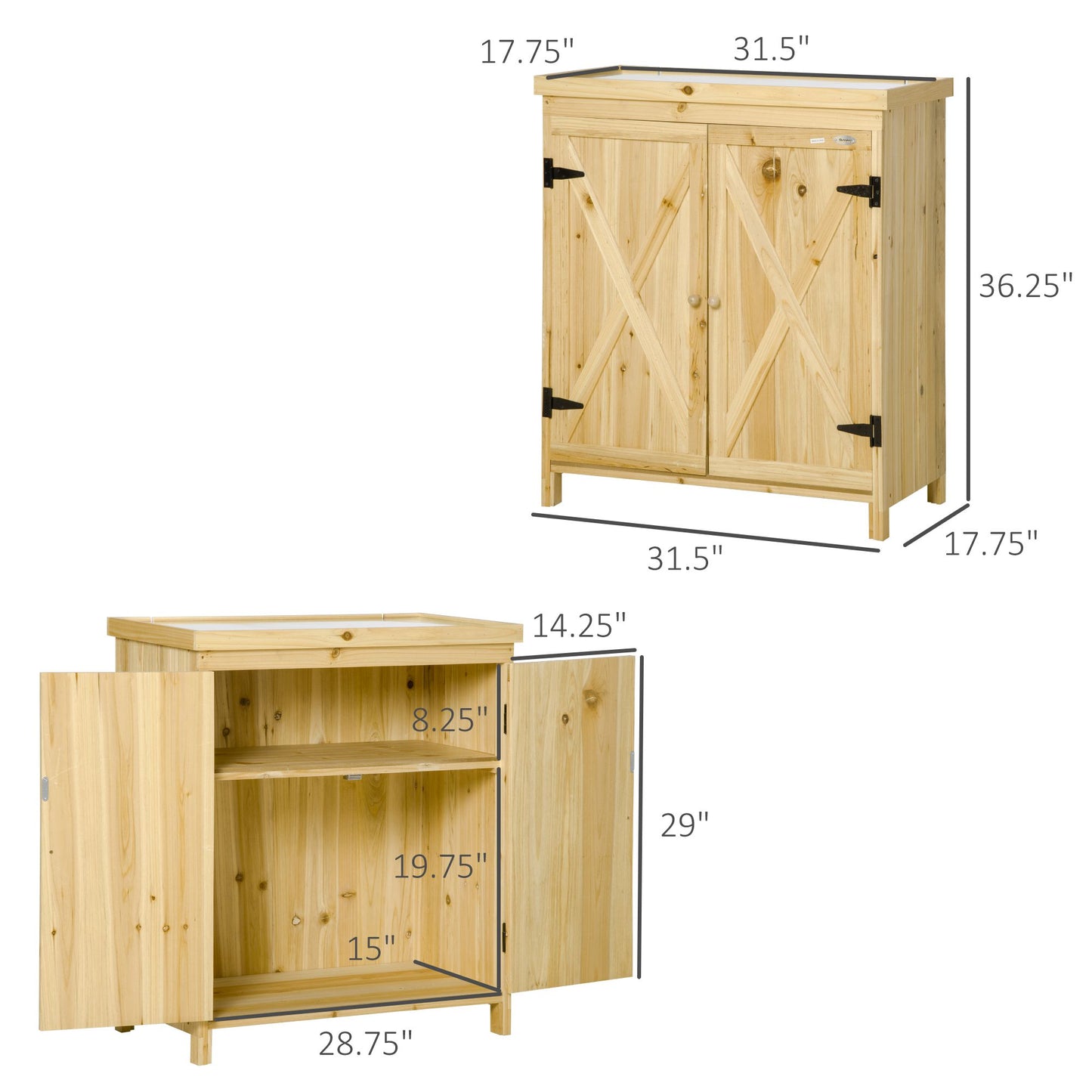 Outdoor Garden Storage Cabinet — Solid Wood Tool Shed with Galvanized Steel Top