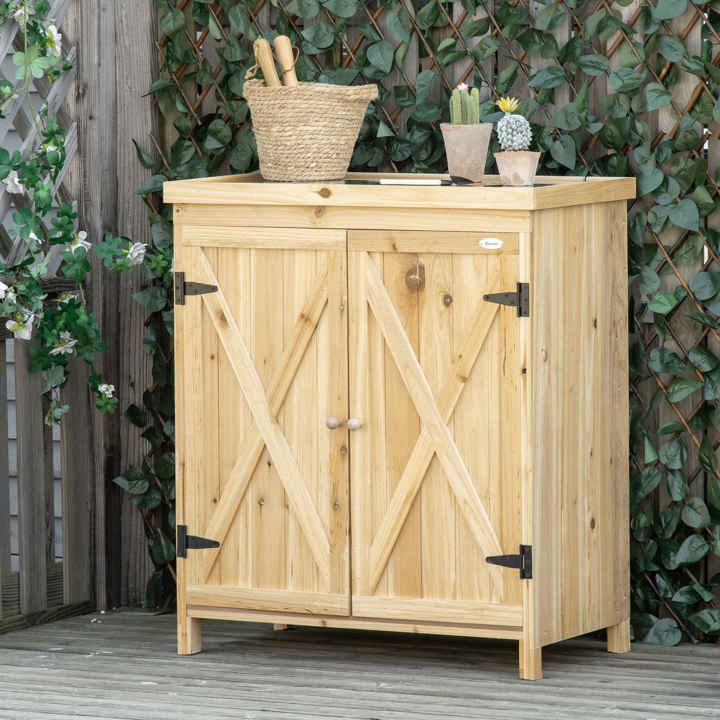 Outdoor Garden Storage Cabinet — Solid Wood Tool Shed with Galvanized Steel Top