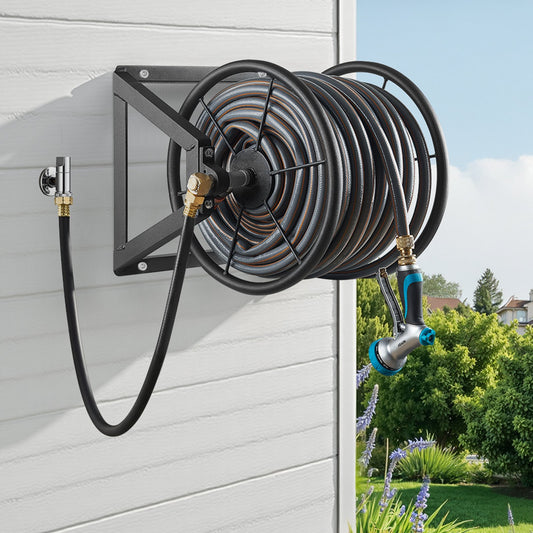 Wall Mounted Garden Hose Reel — 200ft Capacity with Brass Fittings