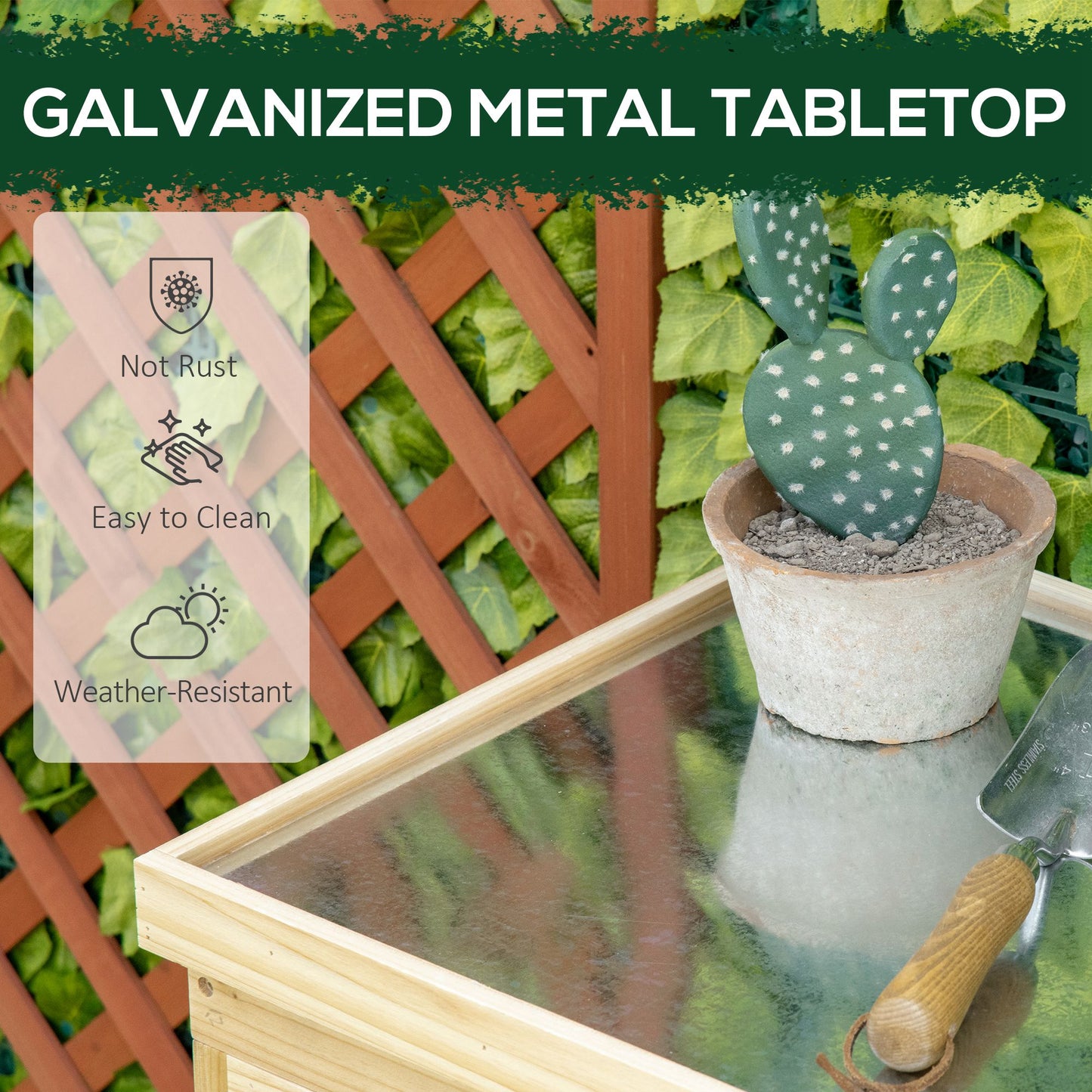 Outdoor Garden Storage Cabinet — Solid Wood Tool Shed with Galvanized Steel Top